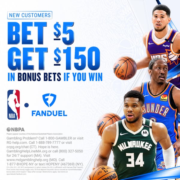 This ad for FanDuel promotes a limited-time offer for new customers: Bet $5, get $150 in bonus bets if you win. The ad f