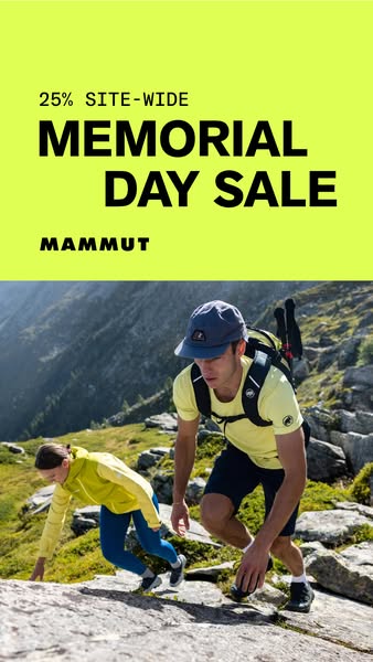 This ad for Mammut promotes a 25% site-wide Memorial Day sale. It features a bright color-blocked layout with an image o