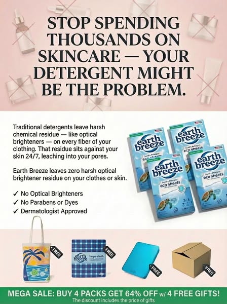 This ad presents Earth Breeze laundry detergent sheets as a solution to skincare issues caused by harsh detergent residu