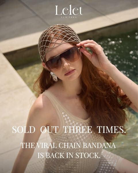 This ad showcases the Lelet NY chain bandana, highlighting its popularity by stating it has sold out three times and is 