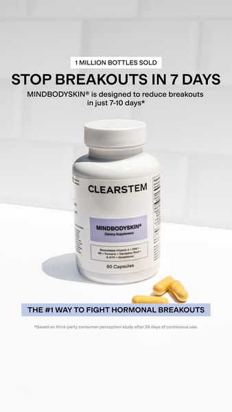 This image ad for CLEARSTEM promotes their MINDBODYSKIN dietary supplement, which is designed to reduce breakouts in 7-1