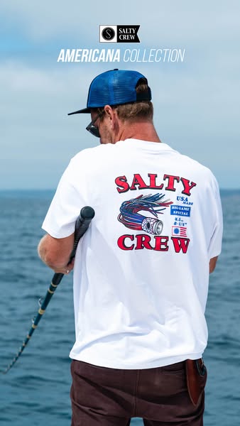 This ad features a man standing on a boat holding a fishing pole and wearing a Salty Crew t-shirt. The Americana collect