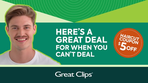 This Great Clips ad features a smiling man and promotes a haircut coupon offer. The ad targets customers who want to sav