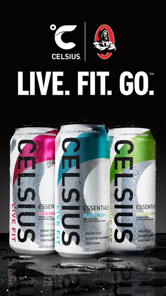 This ad showcases three flavors of Celsius Essentials energy drinks, emphasizing their role in supporting an active life