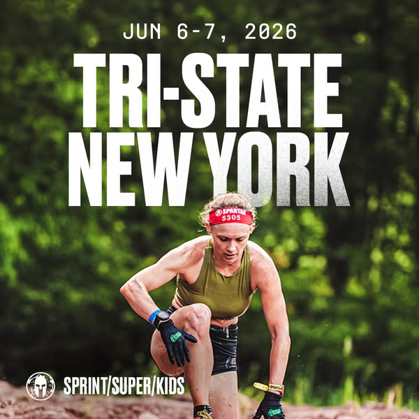 This ad promotes the Tri-State New York Spartan Sprint/Super/Kids event taking place on June 6-7, 2026. It features a wo