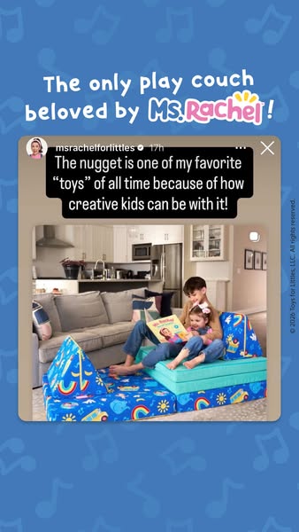 The ad promotes a play couch, highlighting its appeal to children and endorsement by Ms. Rachel. It features a customer 