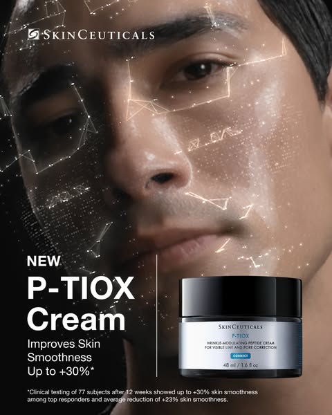 Image ad for SkinCeuticals P-TIOX Cream, a wrinkle-modulating peptide cream for visible line and pore correction. The ad