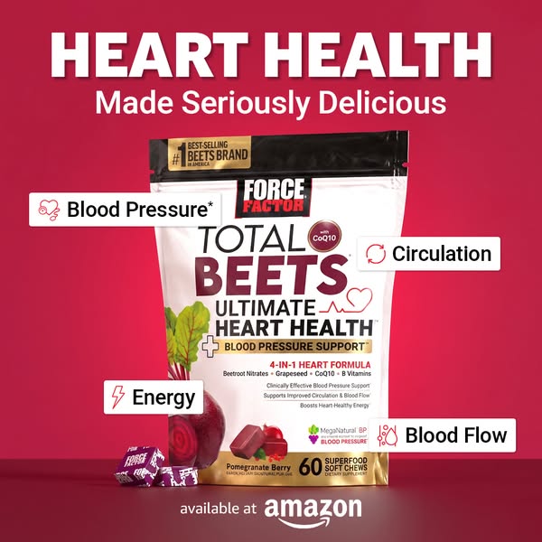 This ad for Force Factor Total Beets promotes the product's heart health benefits, including blood pressure support,