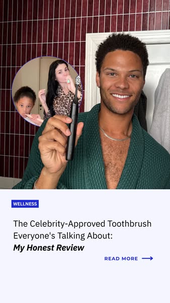 The ad features a man holding up an electric toothbrush for an honest review. In the background a woman and a child are