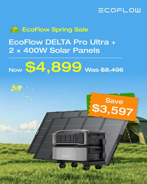 This ad promotes EcoFlow's spring sale, highlighting a discount on the DELTA Pro Ultra and 2 x 400W Solar Panels. Th