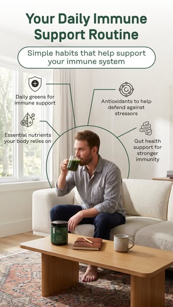 An image ad for a daily immune support routine. The ad features a man sitting on a couch drinking a green drink with ann