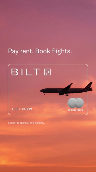 This image ad promotes the BILT credit card, highlighting its utility for everyday expenses like rent and travel booking