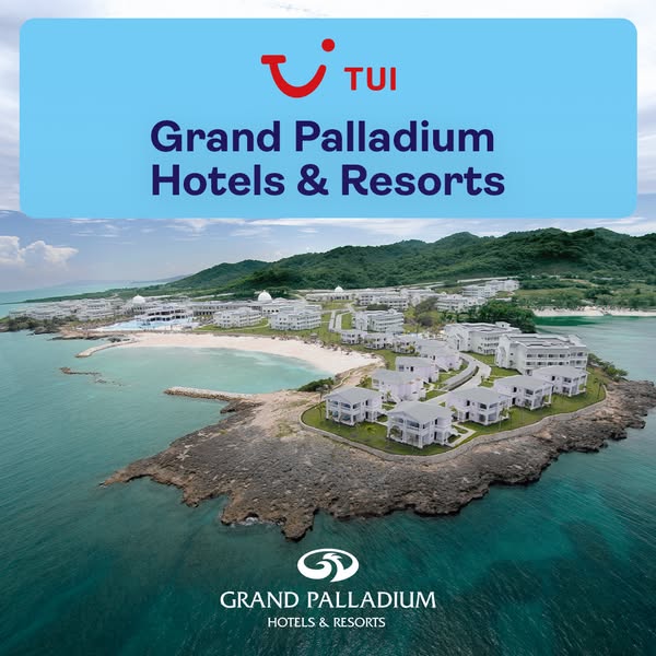 This ad for Grand Palladium Hotels & Resorts features an aerial view of a resort on a peninsula.