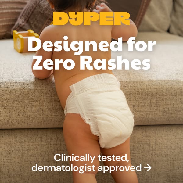 This image ad for Dyper diapers focuses on the benefit of zero rashes. It features a baby wearing a Dyper diaper and tex