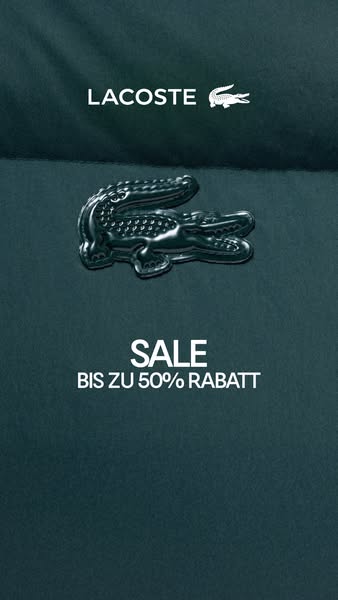 This image ad for Lacoste promotes a sale of up to 50% off. The ad features the brand's logo and iconic crocodile em