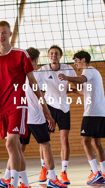 This Adidas image ad showcases a group of young athletes on a volleyball court, emphasizing a sense of teamwork and cama