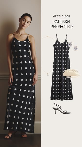 This ad features a model wearing a black, polka-dot slip dress alongside a digitally composed lookbook of accessories. T