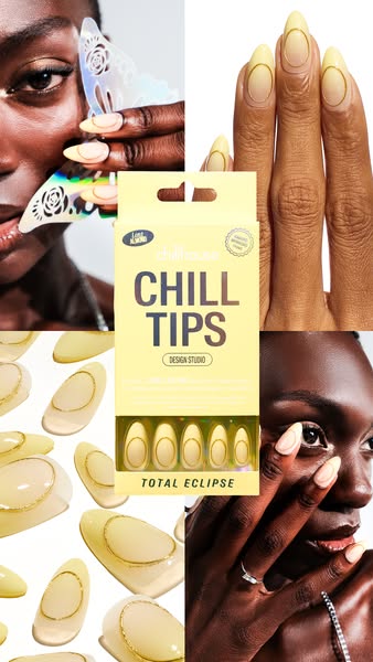 This image ad showcases Chill Tips, a line of press-on nails from the brand Live Almond. The ad includes both close-ups 