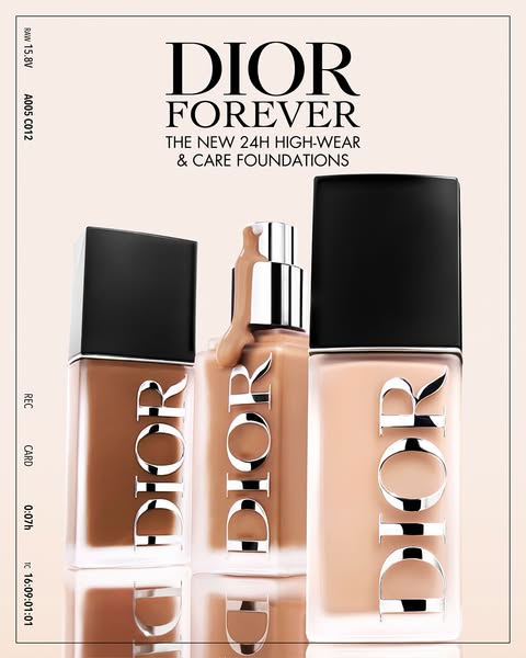 This image ad showcases the Dior Forever 24H High-Wear & Care Foundation. It uses a minimalist approach with a focus