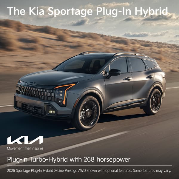 This ad features the Kia Sportage Plug-In Hybrid, highlighting its design and specifications, such as its turbo-hybrid e