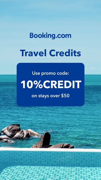This Booking.com ad promotes travel credits using the promo code 10%CREDIT for stays over $50. The ad features a tropica