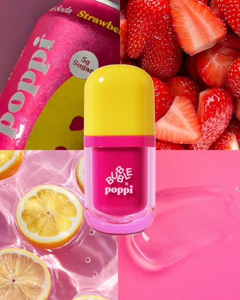 The ad features Bubble x Poppi lip balm against a backdrop of strawberries, lemons, and Poppi soda.