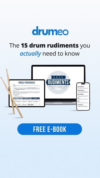 This ad promotes a free e-book containing 15 drum rudiments, designed to educate and attract new users to Drumeo's o