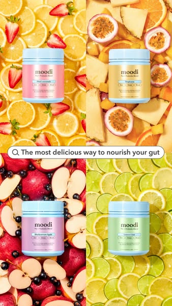 This ad features Moodi gut health supplements in four different flavors. The ad uses a split-screen design, with each qu