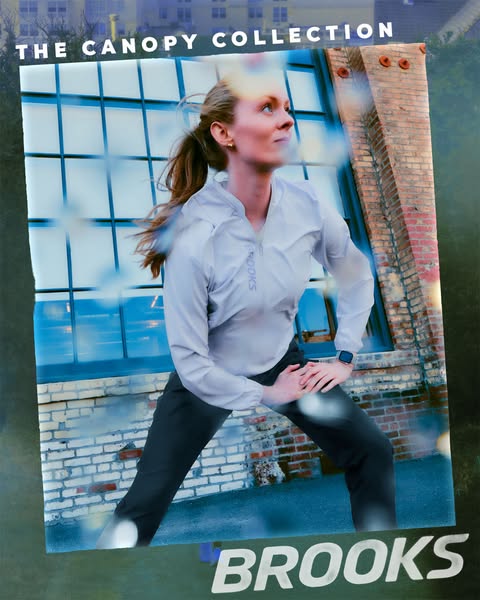 This ad features a woman wearing Brooks activewear. She is stretching outside in front of a brick building. The ad promo