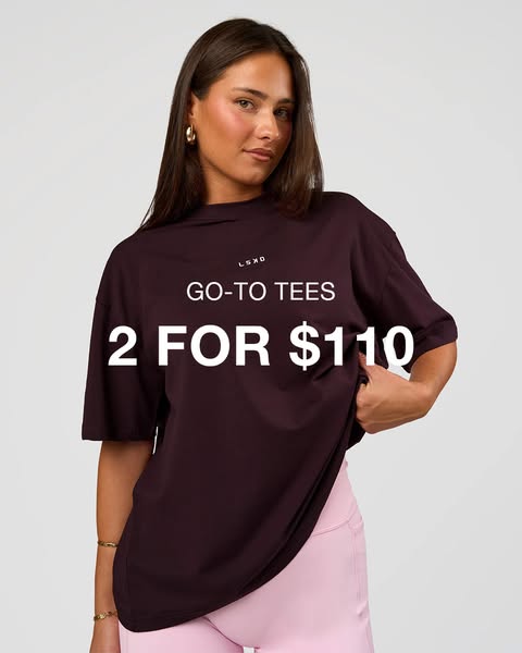 This is a static image ad that features a woman wearing LSKD apparel. The ad promotes an offer for two go-to tees for $1