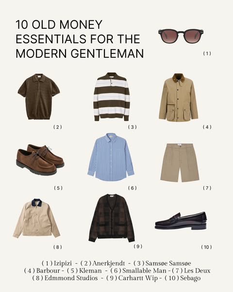 This ad showcases a curated collection of ten items marketed as 'old money essentials' for the modern gentleman,
