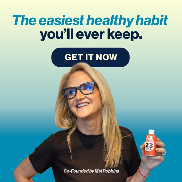 This ad promotes a health supplement drink. It features Mel Robbins, who co-founded the company. She appears smiling and
