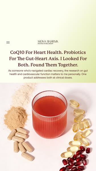 This image ad for Mona Sharma wellness supplements emphasizes gut health's role in cardiovascular function and offer