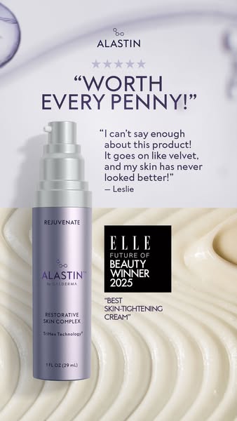 This image ad features Alastin's Restorative Skin Complex. The ad uses a customer testimonial, a 5-star rating, and 