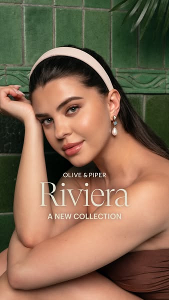 An advertisement for Olive & Piper's Riviera collection. The ad features a woman wearing the collection's ea