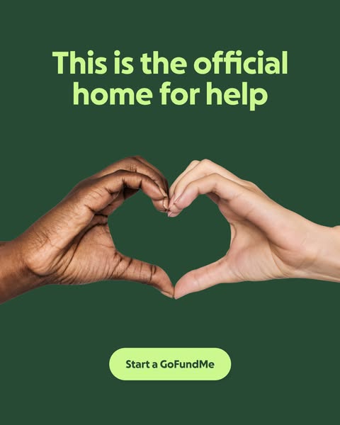 This image ad for GoFundMe features two hands of different skin tones forming a heart shape against a green background. 