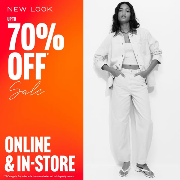 This image ad for New Look promotes a sale of up to 70% off both online and in-store. The ad features a model in a monoc