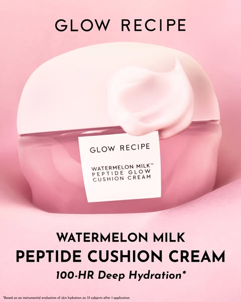 This ad features the Glow Recipe Watermelon Milk Peptide Glow Cushion Cream and emphasizes its 100-HR deep hydration.