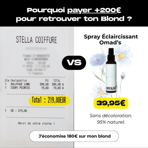 This ad compares the cost of getting a balayage and trim at a hair salon to using Omad's Spray Éclaircissant, which 