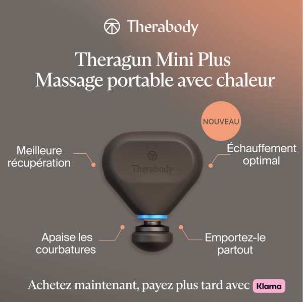 This ad promotes the Theragun Mini Plus massage device, emphasizing its portability and heat feature.