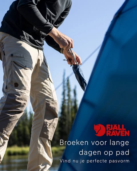 This image ad for Fjallraven features a person outside of a tent holding a bag with a drawstring.