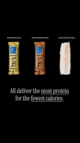 This ad compares David protein bars to traditional food sources of protein. It highlights the protein in David bars, esp