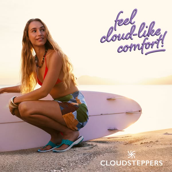 This image ad features a woman next to a surfboard, wearing Cloudsteppers brand sandals, with the phrase, "Feel clo