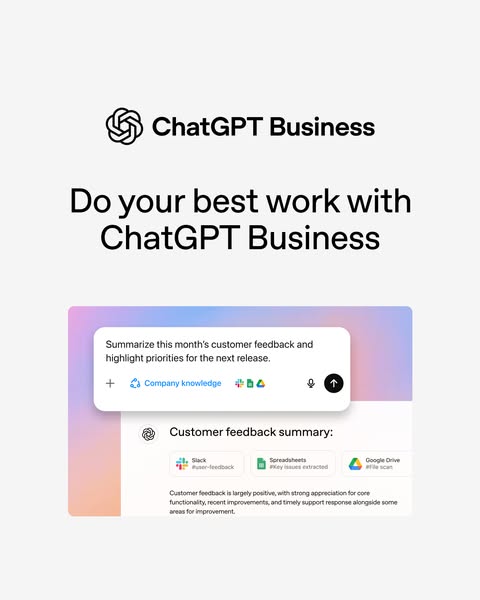 The ad showcases ChatGPT Business and its ability to summarize customer feedback and highlight priorities for the next r