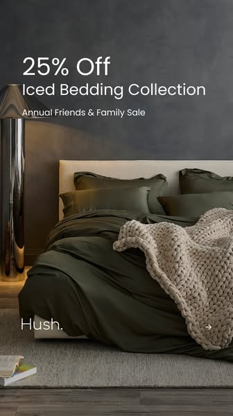 A bedroom is shown, with a discount offer for Hush Iced Bedding.