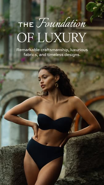 This is an image ad for a luxury swimwear brand, showcasing the quality and design of their pieces.