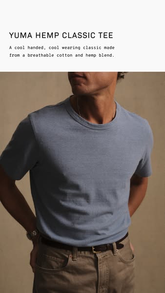 An ad displaying the Yuma Hemp Classic Tee, highlighting its comfortable and breathable material.