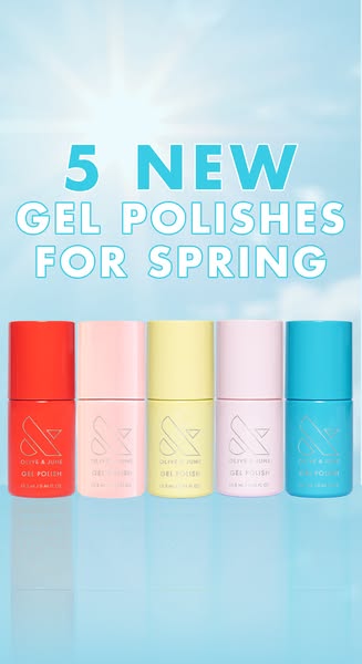 Image ad displaying five new colors of Olive & June gel nail polish for spring.