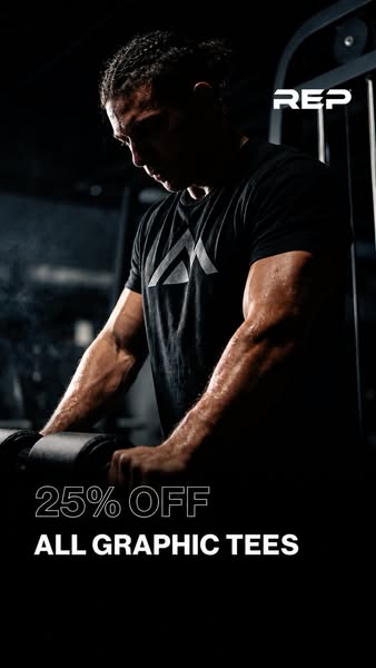 This ad promotes REP graphic tees with a 25% discount. The ad features a muscular man in a black REP graphic tee lifting