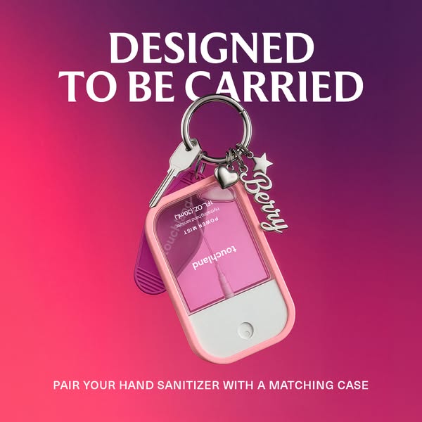 This ad highlights the portable design of Touchland hand sanitizer. The ad features a Touchland Power Mist hand sanitize